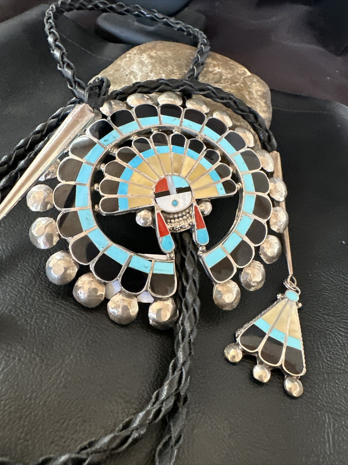 Mens Bolo Tie Zuni Sunface Kingman Turquoise Onyx Inlay Sterling Silver 18142