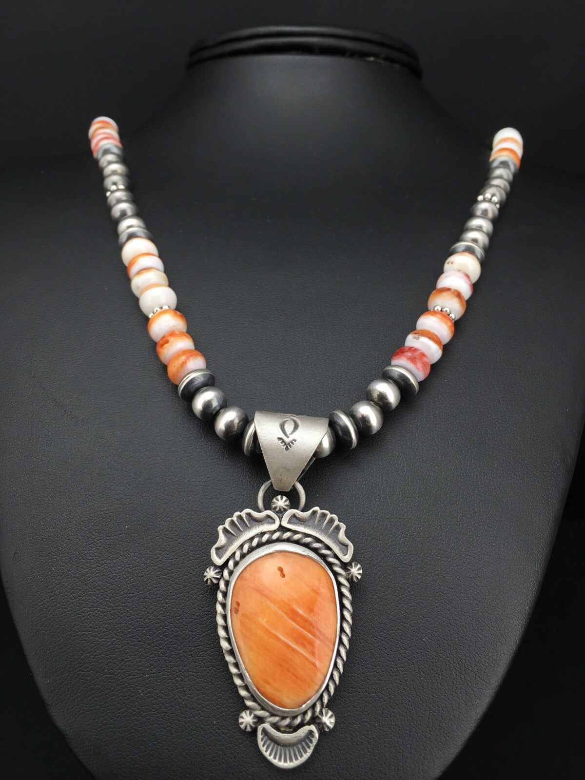 Orange Spiny Oyster Pendant Sterling Silver Beads Necklace 22" 01241