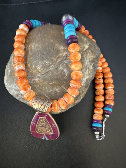 Turquoise Purple Ston Spiny Bronze Pendant Navajo Sterling Silver Necklace 14990