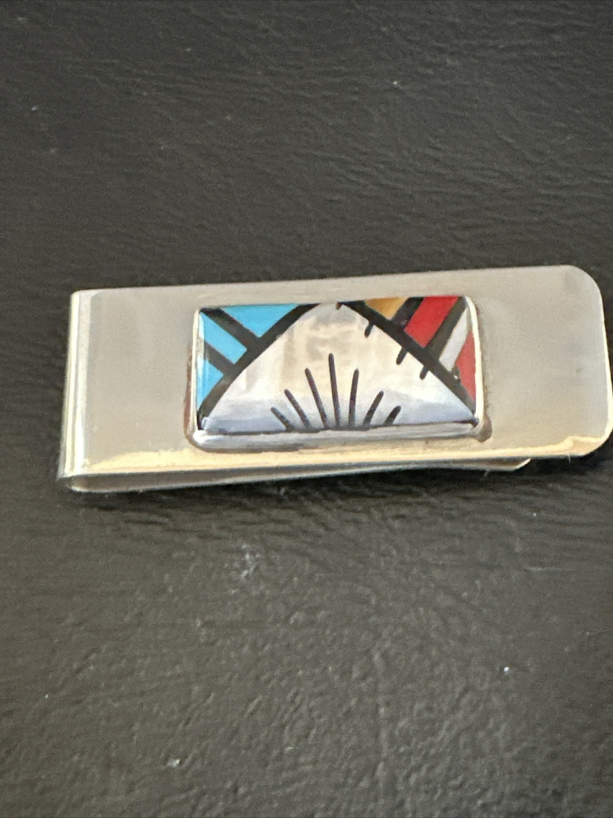 A Zuni Mens Turquoise Spiny Inlay Stainless Sterling Silver Money Clip 17836