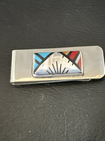 A Zuni Mens Turquoise Spiny Inlay Stainless Sterling Silver Money Clip 17836