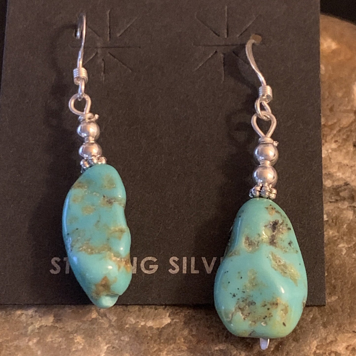 Blue Turquoise Nugget Sterling Silver Beads Navajo Earrings 1" 12892