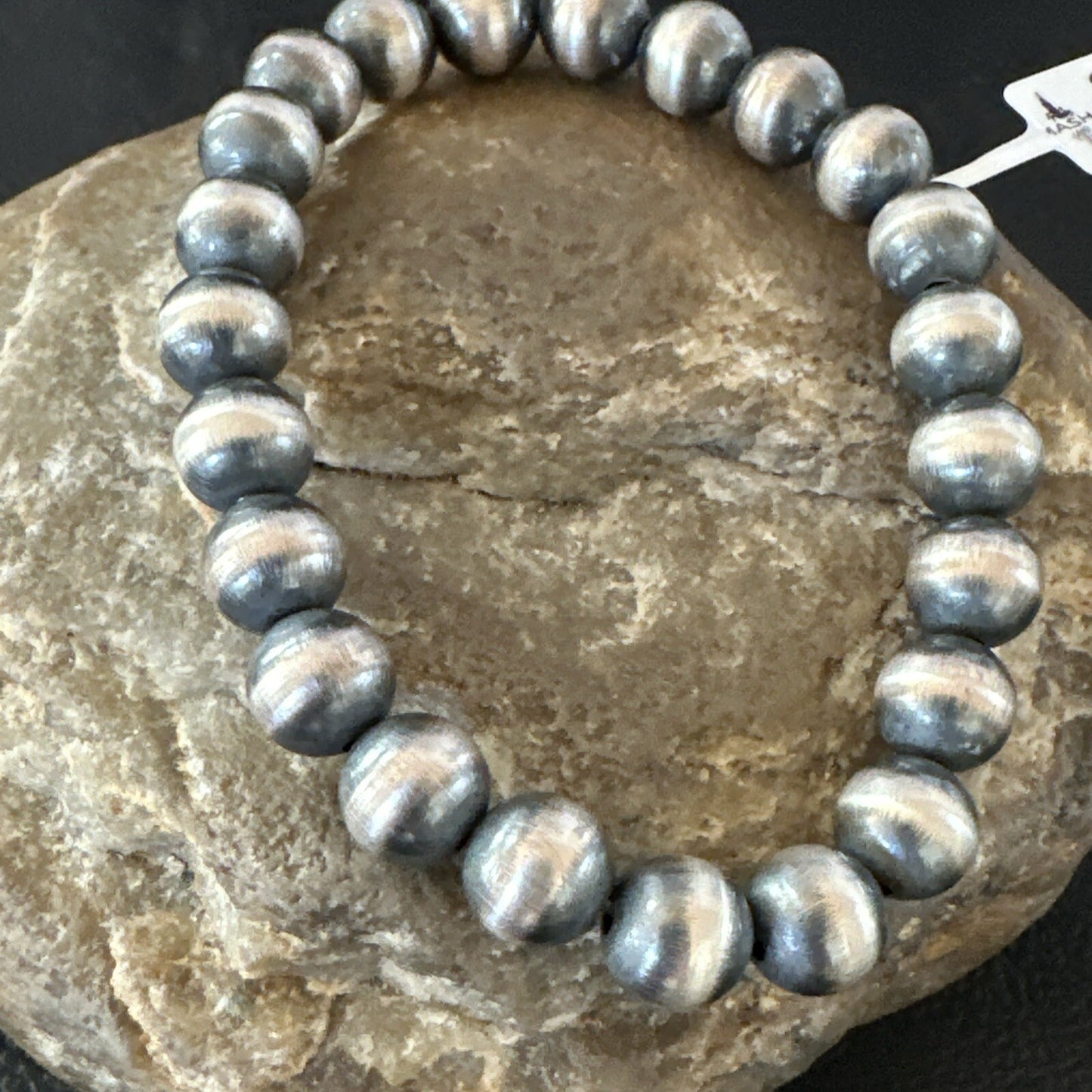 Native American Navajo 8mm Beads 6”Sterling Silver Stretch Bracelet 90801