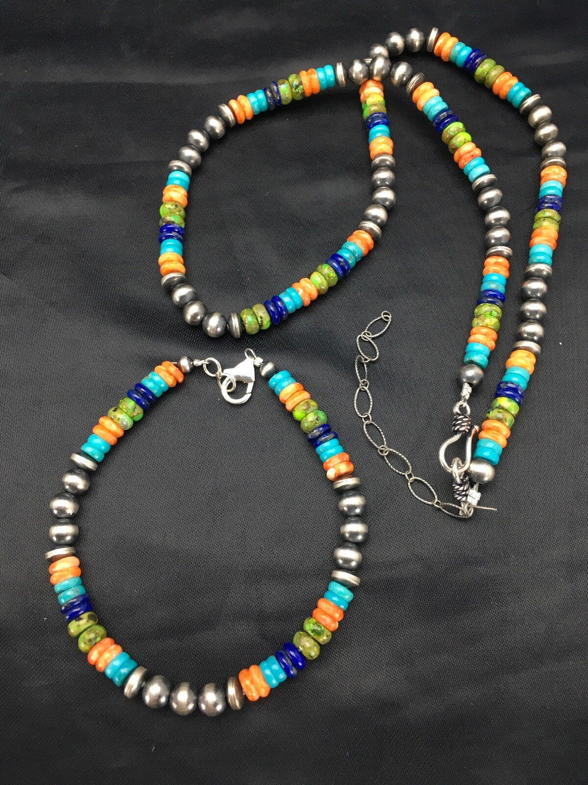 Southwestern Turquoise Spiny Lapis Silver Necklace Bracelet Set 8" 02762