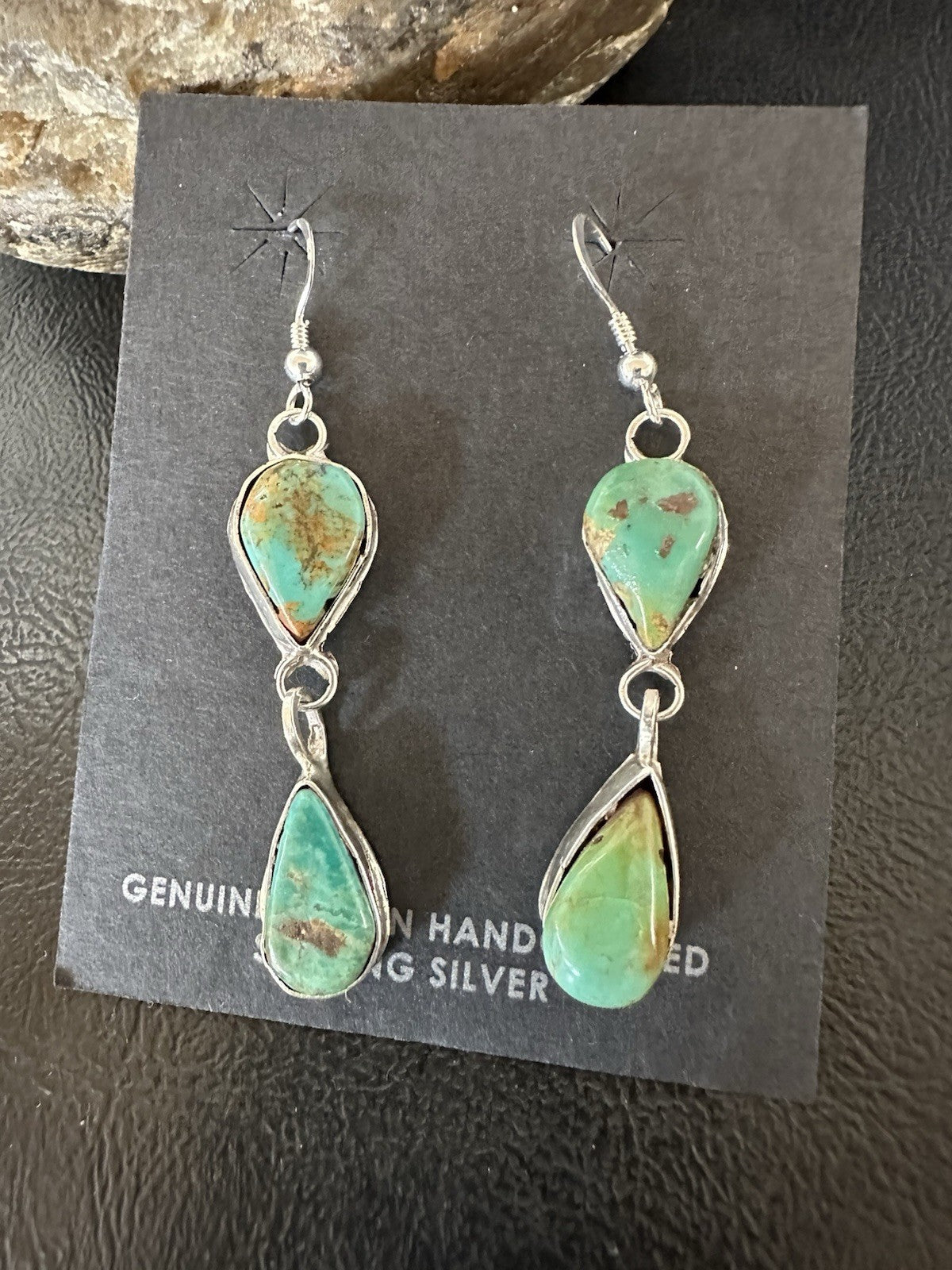 Green Royston Turquoise Navajo Sterling Silver Dangle Earrings 19369