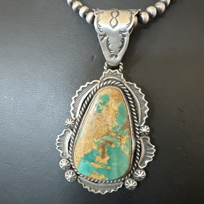 XL Green Royston Turquoise Pendant Navajo Sterling Silver Necklace 18224