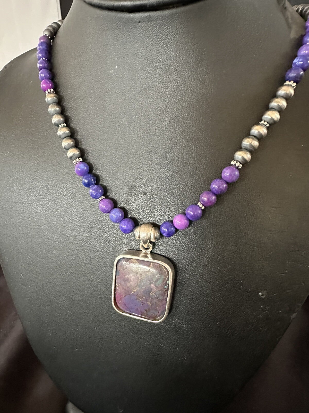 Purple Stone Turquoise Pendant Pearls Sterling Silver Necklace 18385