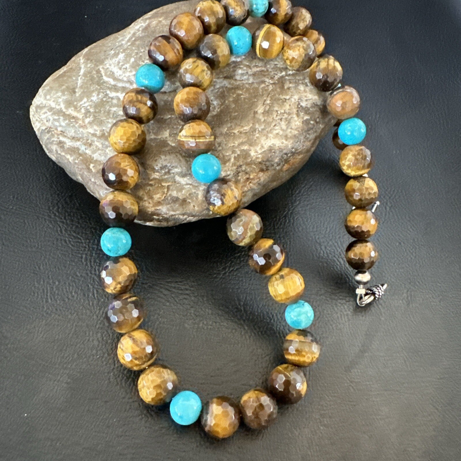 WoMens Tiger Eye Blue Turquoise  Sterling Silver Beads Necklace 19” 18169