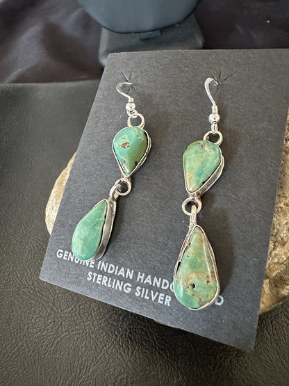 Green Royston Turquoise Navajo Sterling Silver Dangle Earrings 19380