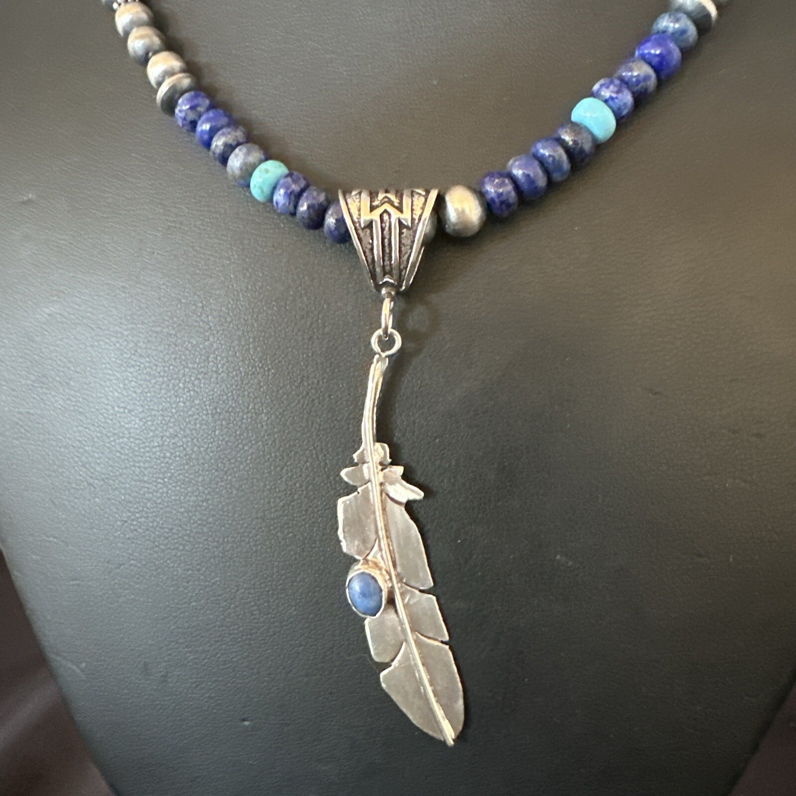 Blue Turquoise Lapis Feather Pendant Navajo Sterling Silver Necklace 21” 17789