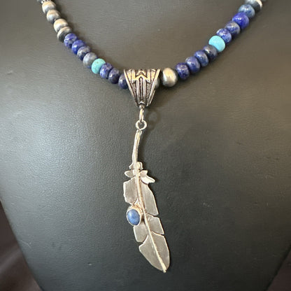 Blue Turquoise Lapis Feather Pendant Navajo Sterling Silver Necklace 21” 17789