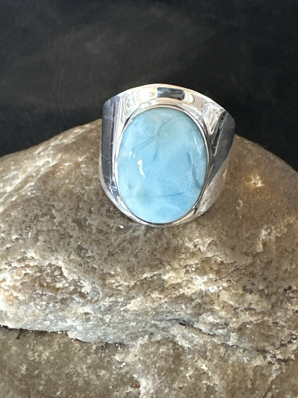 Women's Blue Larimar Navajo Ring Size 9 | Sterling Silver | Authentic Native American Handmade | 17674