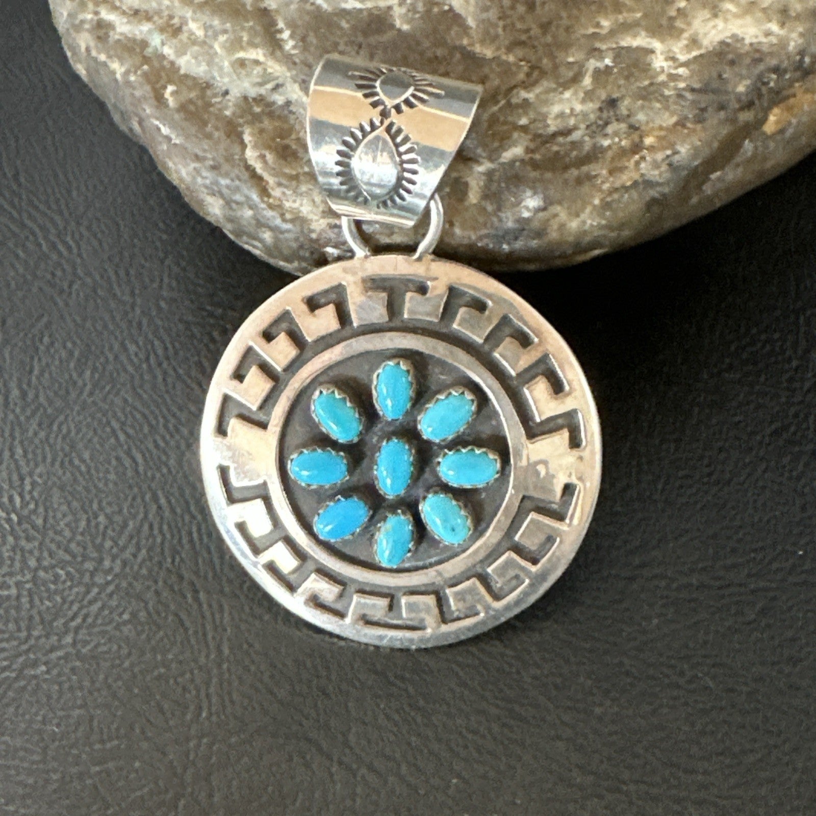 Cluster Blue Kingman Turquoise Navajo Sterling Silver Pendant 2" 19287