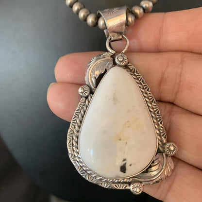 Mens White Buffalo Turquoise Pendant Sterling Silver Beads Necklace 19306