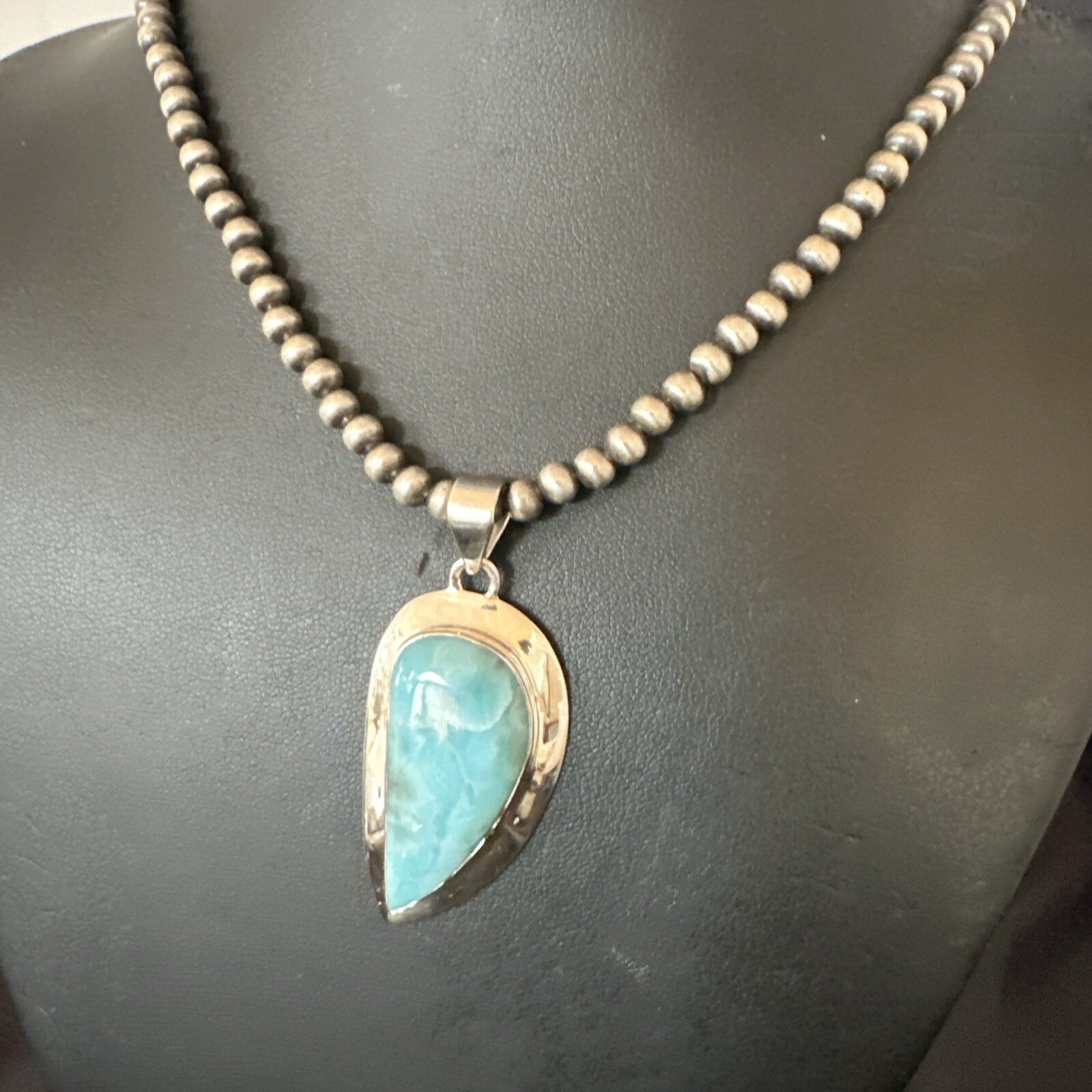 Womens Blue Larimar Pendant Navajo Sterling Silver Beads Necklace 17716