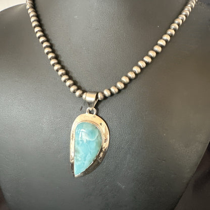 Womens Blue Larimar Pendant Navajo Sterling Silver Beads Necklace 17716
