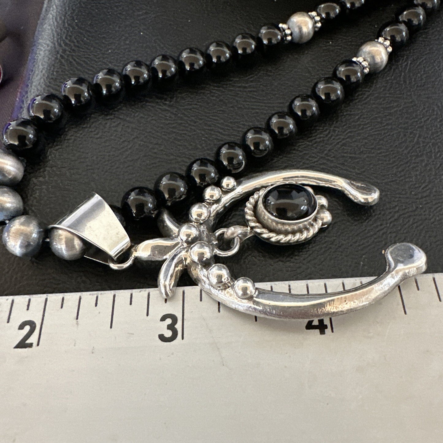 Mens Black Onyx Naja Pendant Navajo Pearls Sterling Silver Necklace 23” 17686