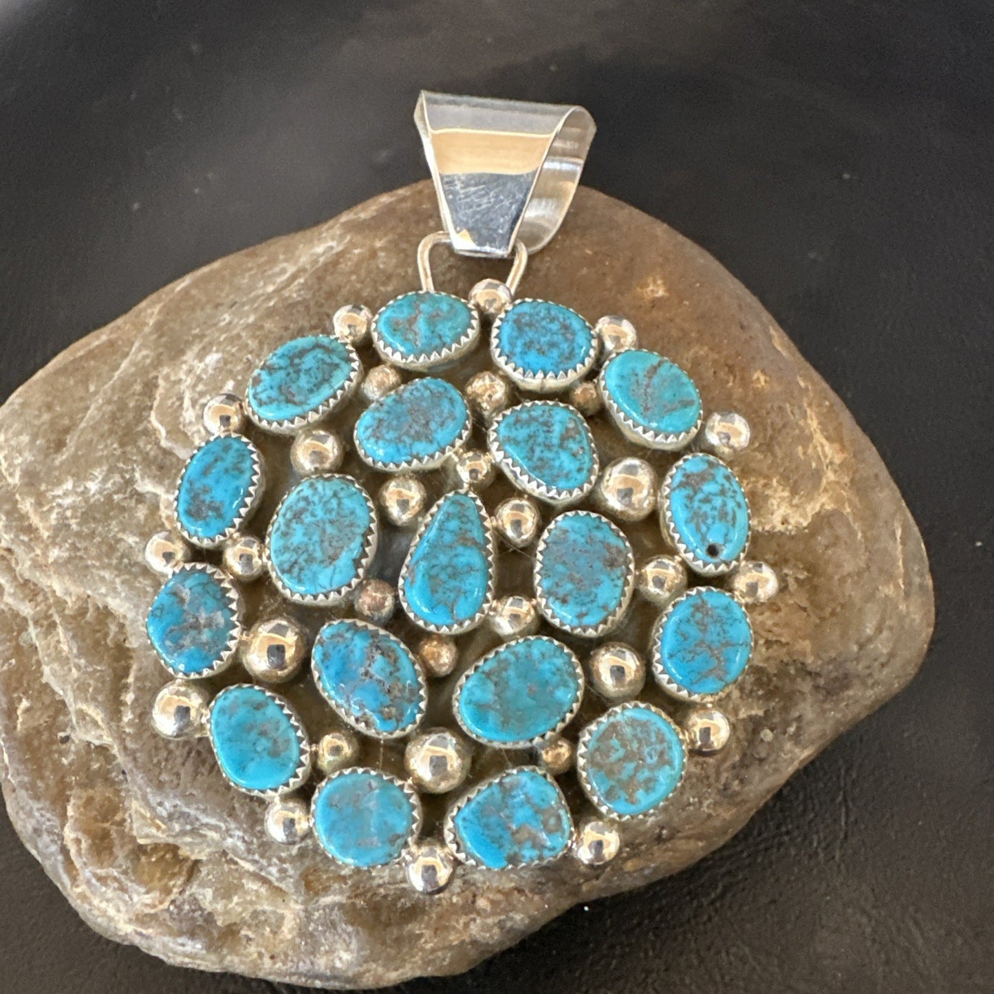 Cluster Kingman Turquoise Navajo Sterling Silver Necklace Pendant 2.75” 19087