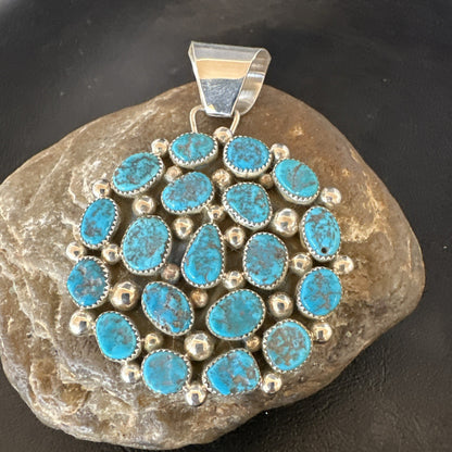 Cluster Kingman Turquoise Navajo Sterling Silver Necklace Pendant 2.75” 19087