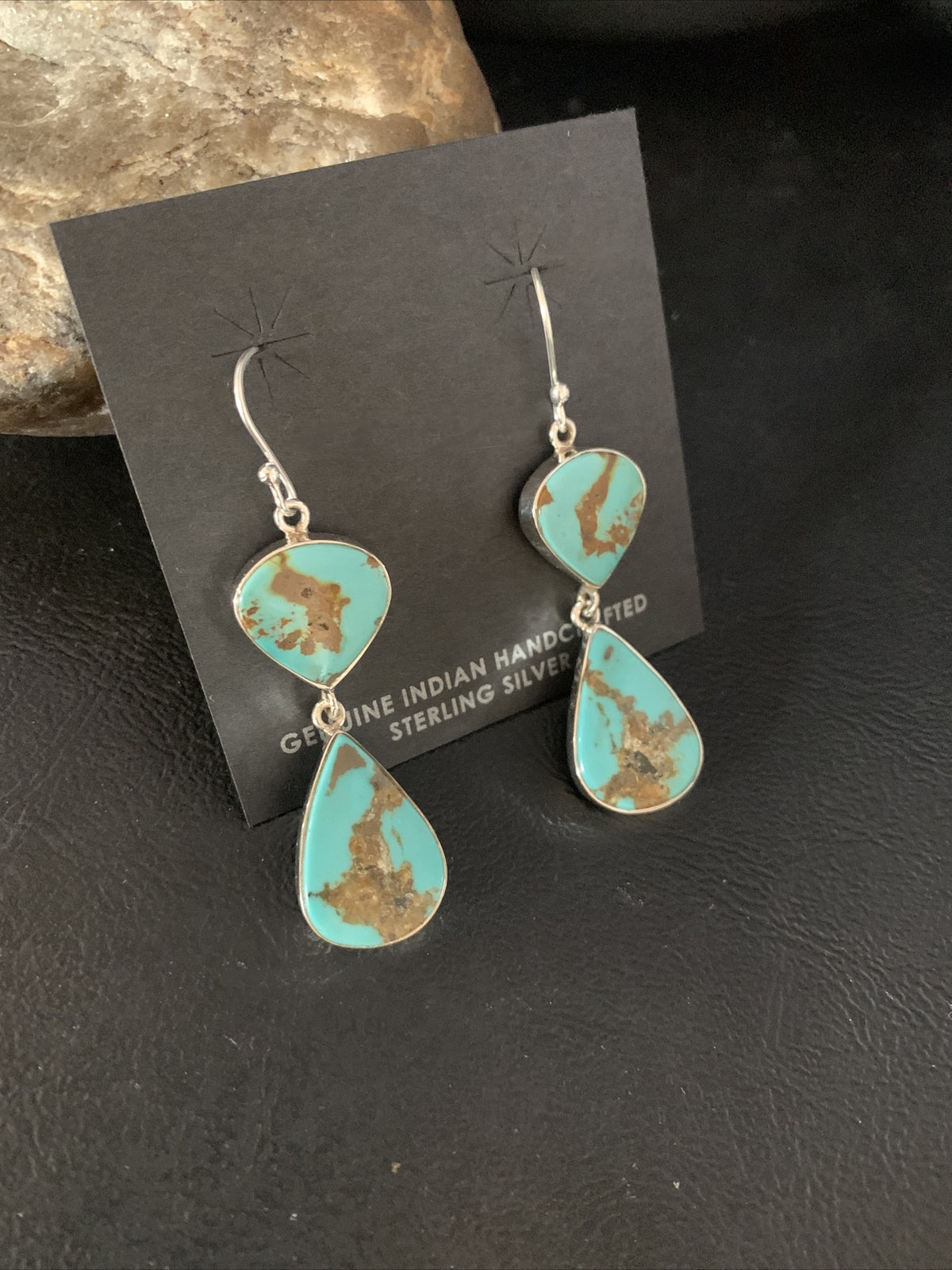 Blue Kingman Turquoise Navajo Sterling Silver Dangle Earrings 14075