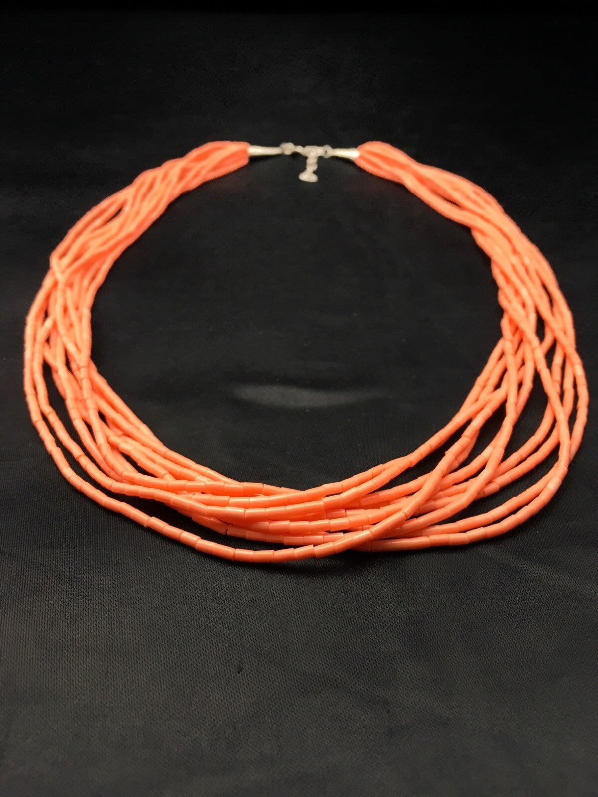 Native American Pink Coral Navajo Sterling Silver Necklace 10 Strand 4388
