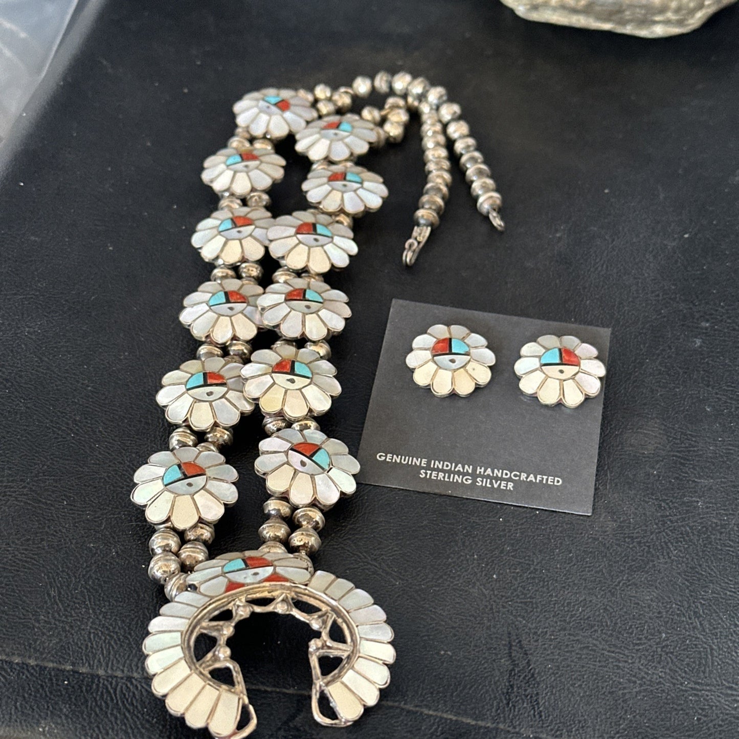 Old Pawn Sunface Turquoise Zuni Sterling Silver Squash Necklace Earrings 19085