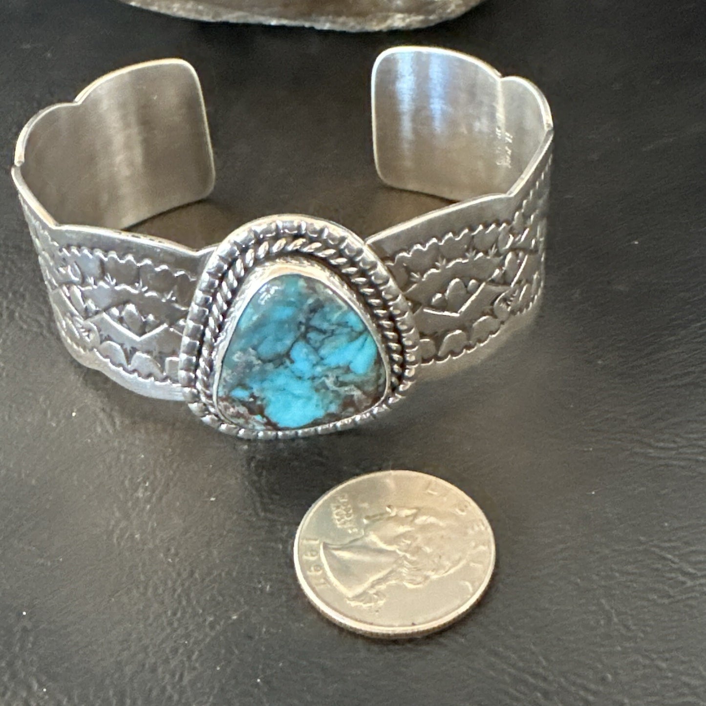 Navajo Blue TURQUOISE Stamped Sterling Silver Cuff Bracelet 8.3" 18716