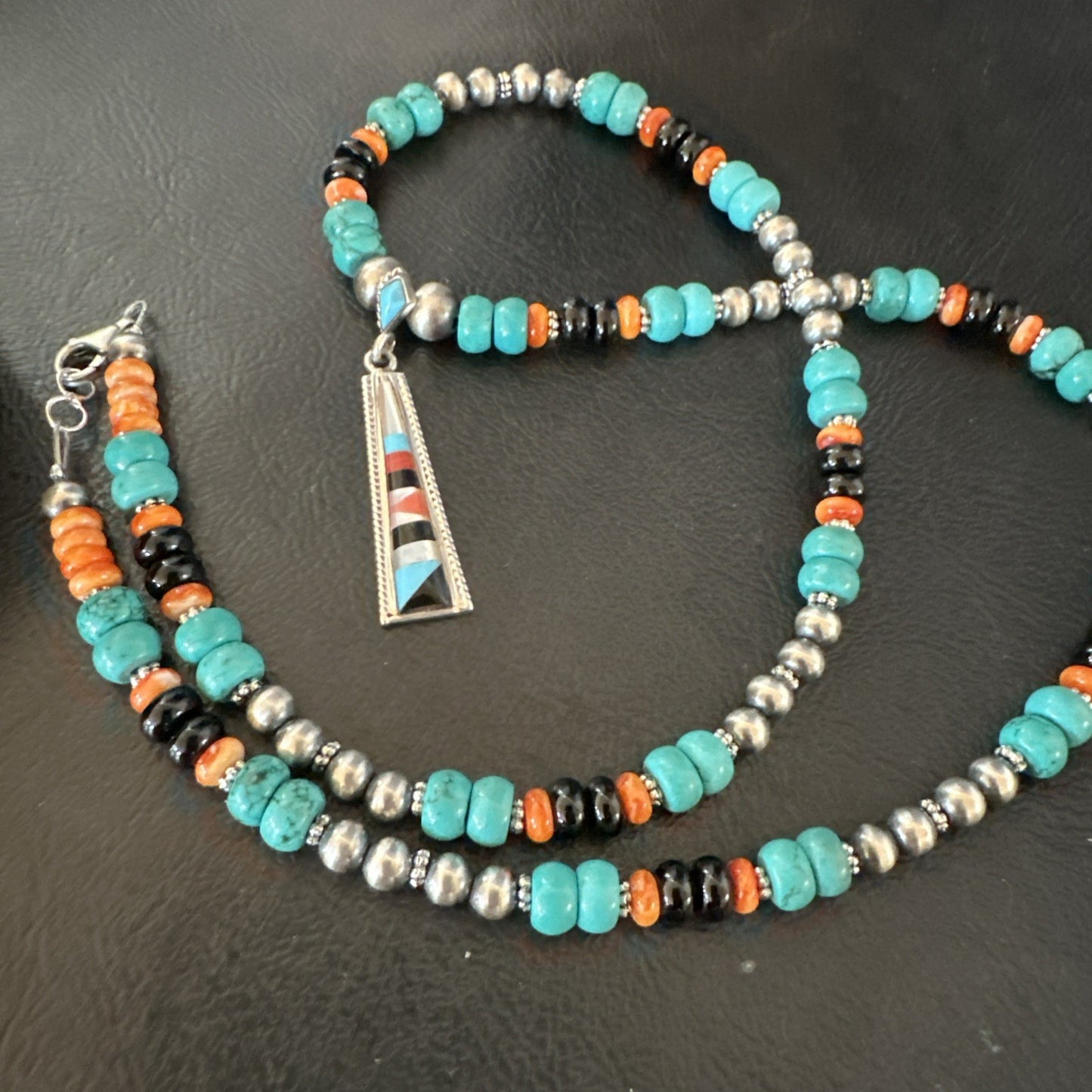 Multicolor Turquoise Spiny  Zuni Sterling Silver Inlay Pendant Necklace 19664
