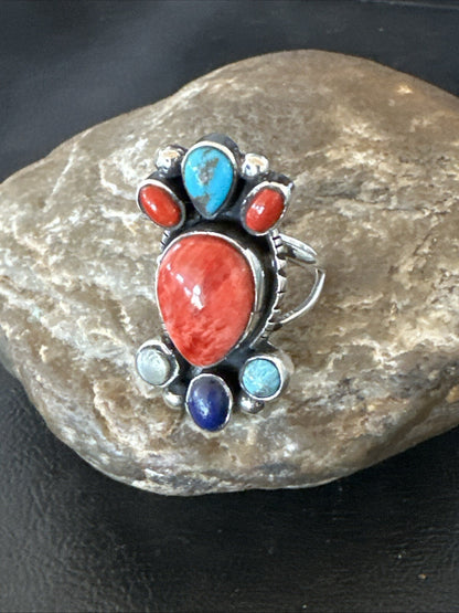 Cluster Blue Turquoise Spiny Oyster Onyx Sterling Silver Ring Size 9 18561