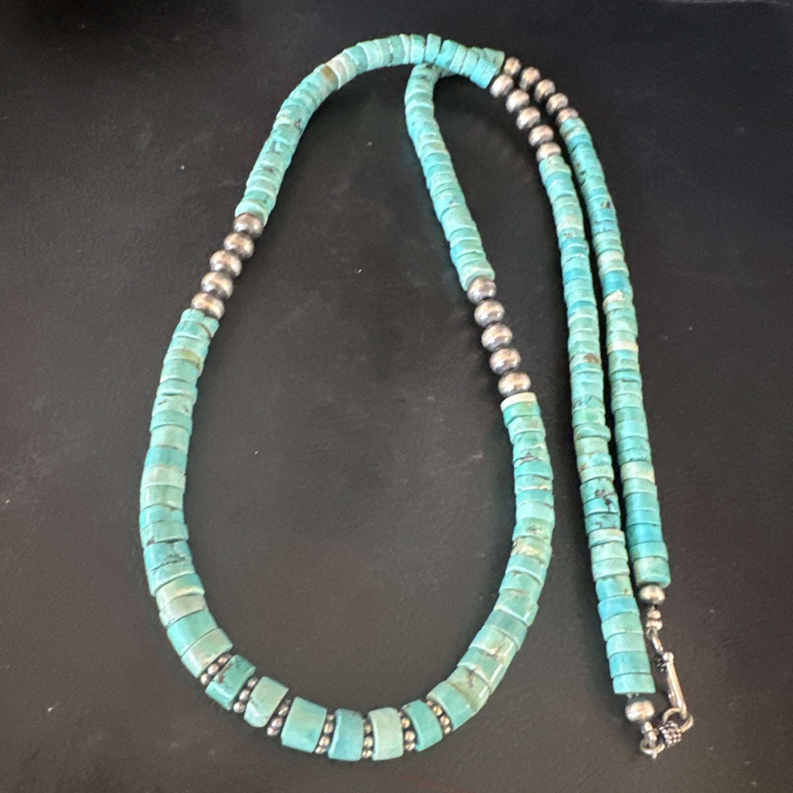 USA Blue Turquoise 21” Heishi Sterling Silver Bead Necklace 15164