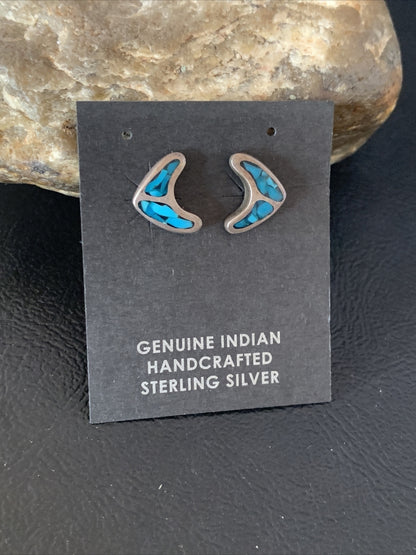 Womens Chip Inlay Earrings Navajo Blue Turquoise Sterling Silver Stud 0.5" 13111
