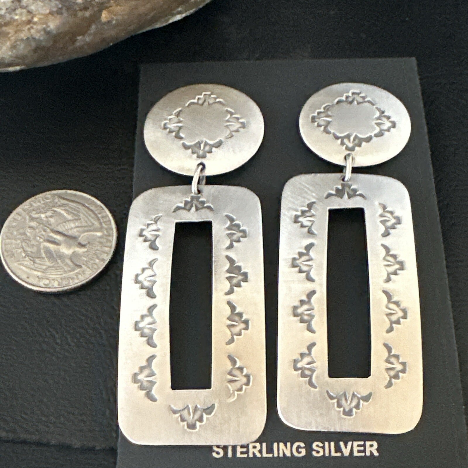 Popular Navajo Stamped Sterling Silver Stamped Handmade Earrings  2.75" 17859