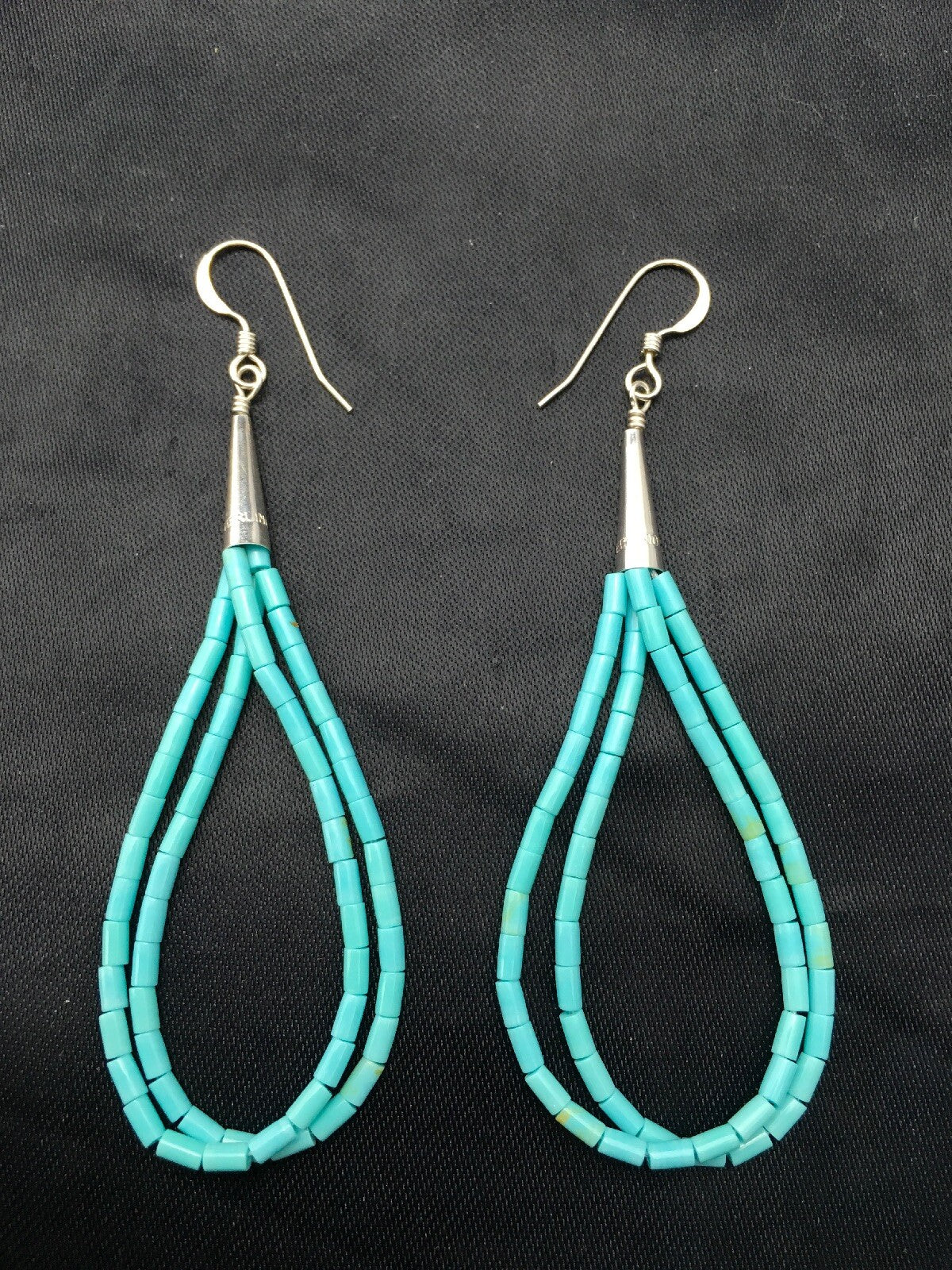 Native Blue Turquoise Liquid Sterling Silver Heishi Dangle 2.5" Earrings 04372