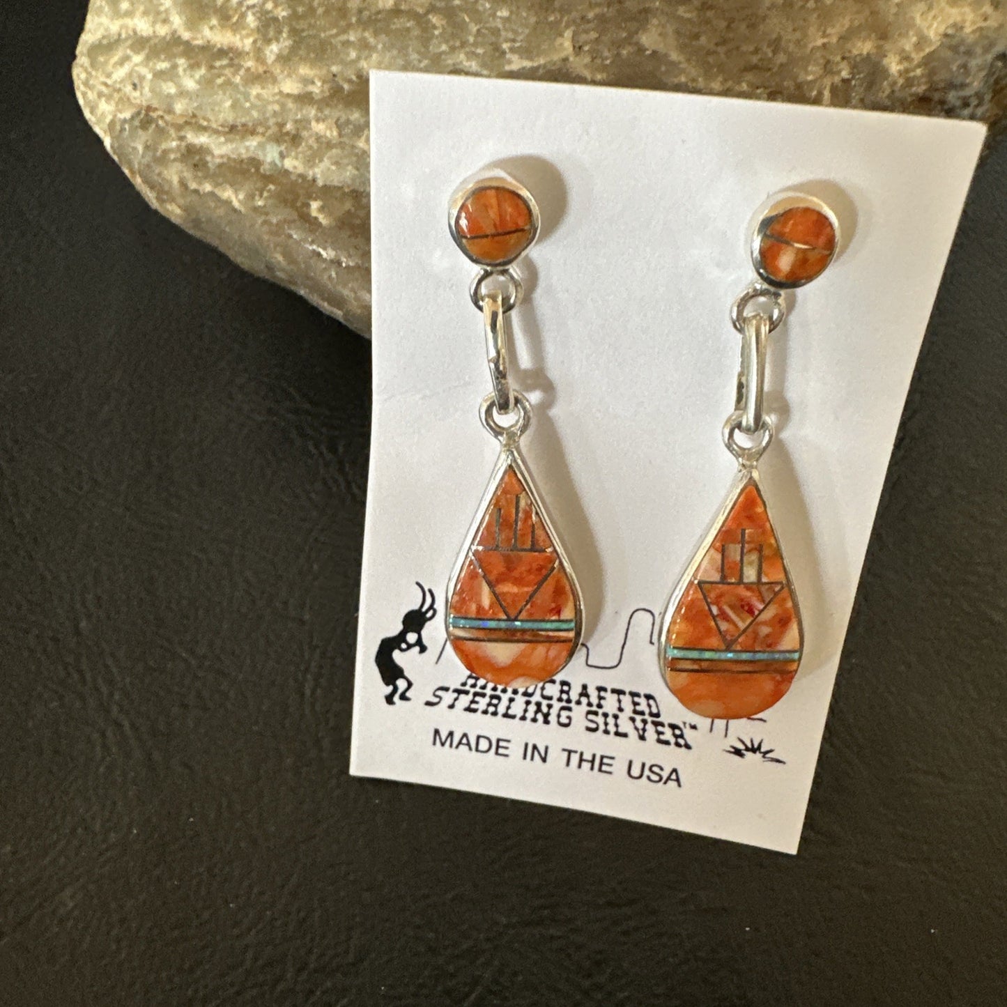 Womens Opal Spiny Oyster Inlay Navajo Sterling Silver Dangle Earrings 19135
