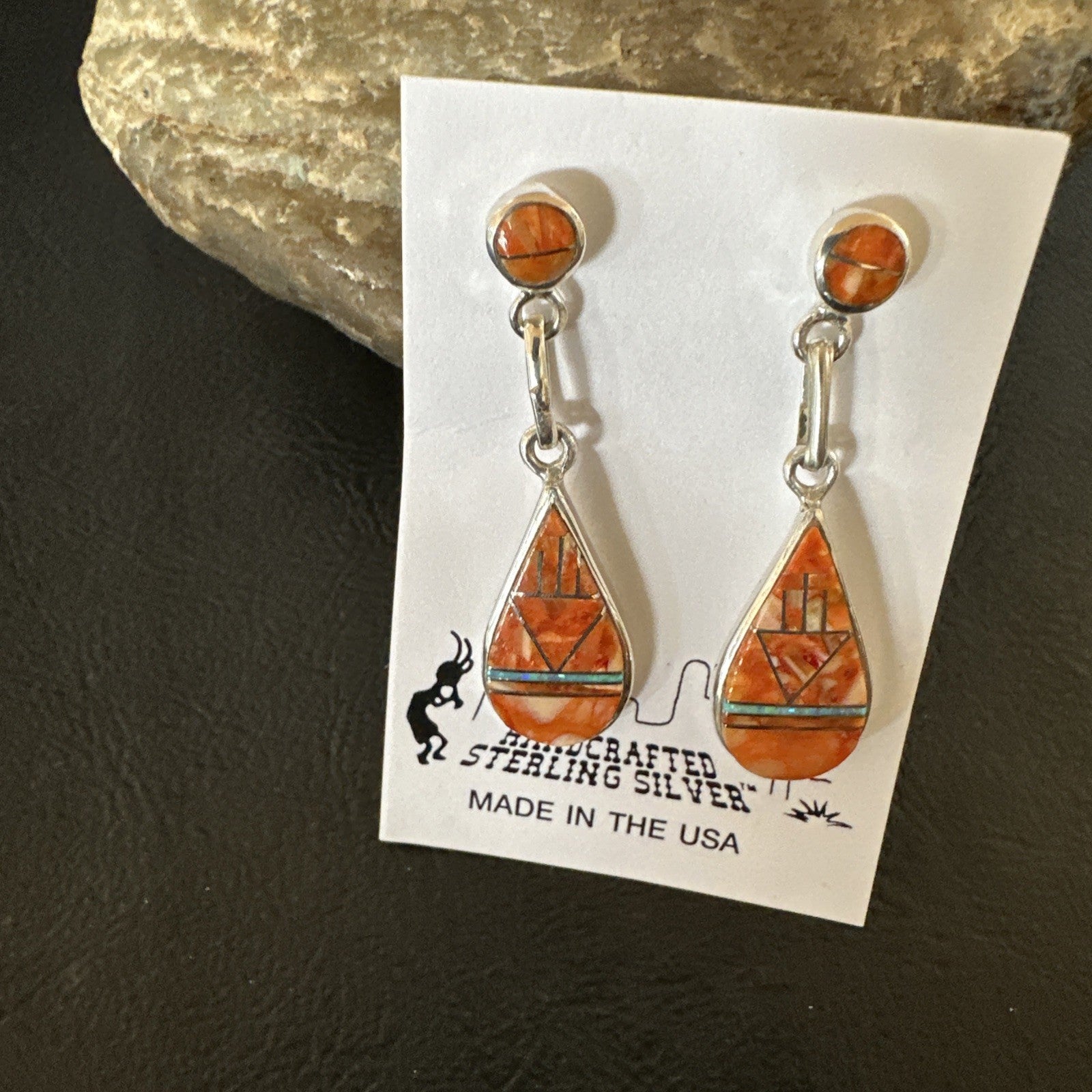 Womens Opal Spiny Oyster Inlay Navajo Sterling Silver Dangle Earrings 19135