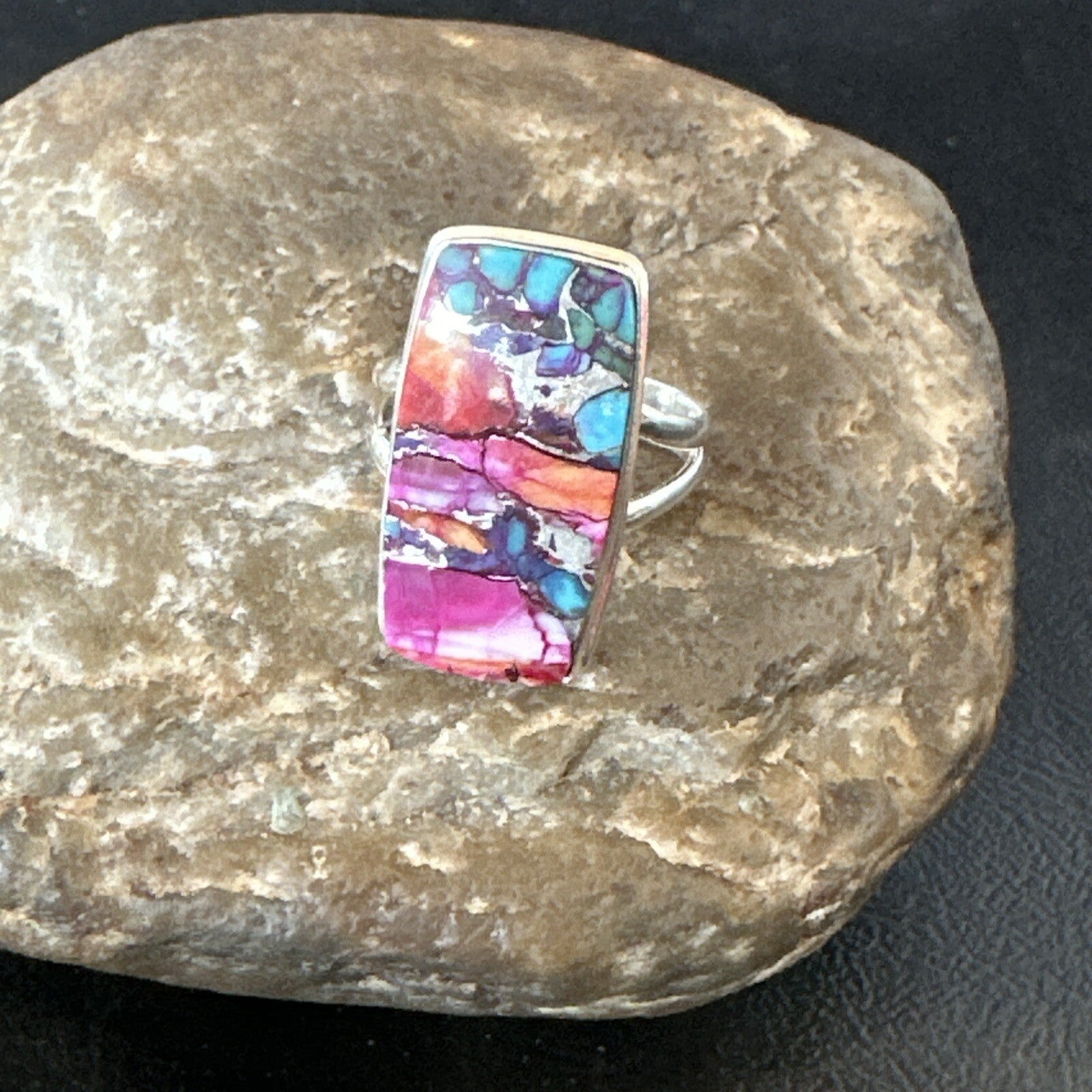 Blue Turquoise Spiny Oyster Southwestern Sterling Silver Ring Size 9 18466