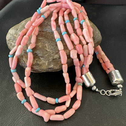Native American Turquoise Pink Coral Sterling Silver 3 Strand Necklace 21" 17815