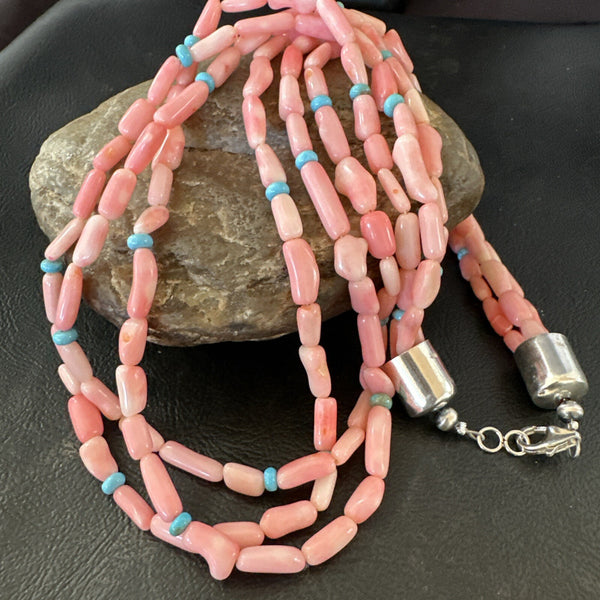 Turquoise Pink Coral 3 Strand Necklace 21" | Sterling Silver | Authentic Native American Handmade | 17815