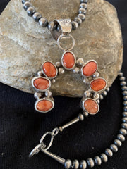 Red Spiny Oyster Naja Pendant Navajo Pearls Necklace | Sterling Silver | Authentic Native American Handmade | 00326