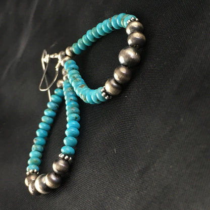 Blue Turquoise Bead Sterling Silver Beads Navajo Earrings 1.75" 1971