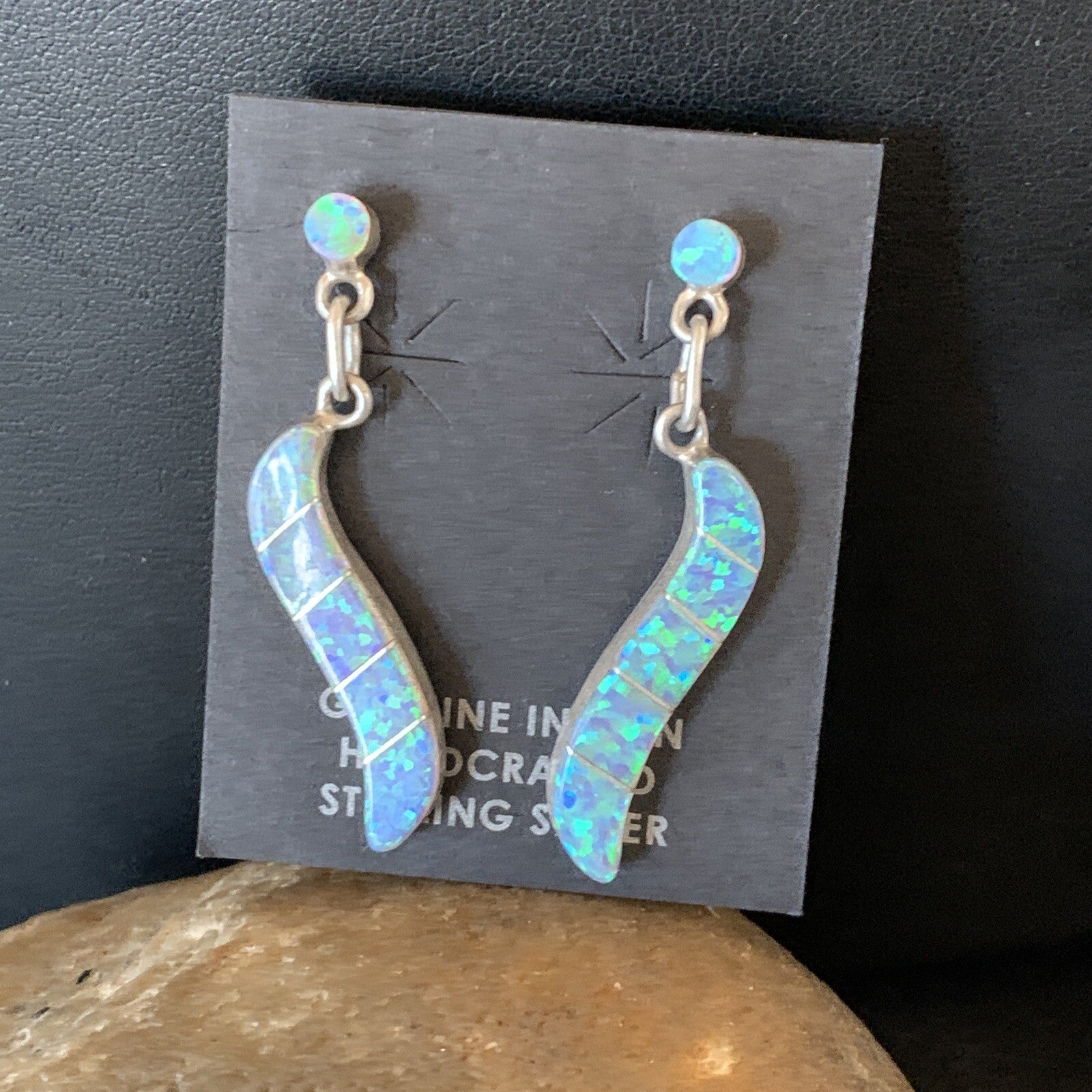 Womens Blue Opal Inlay Navajo Sterling Silver Dangle Post Earrings 12774