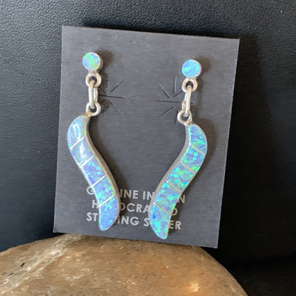 Womens Blue Opal Inlay Navajo Sterling Silver Dangle Post Earrings 12774