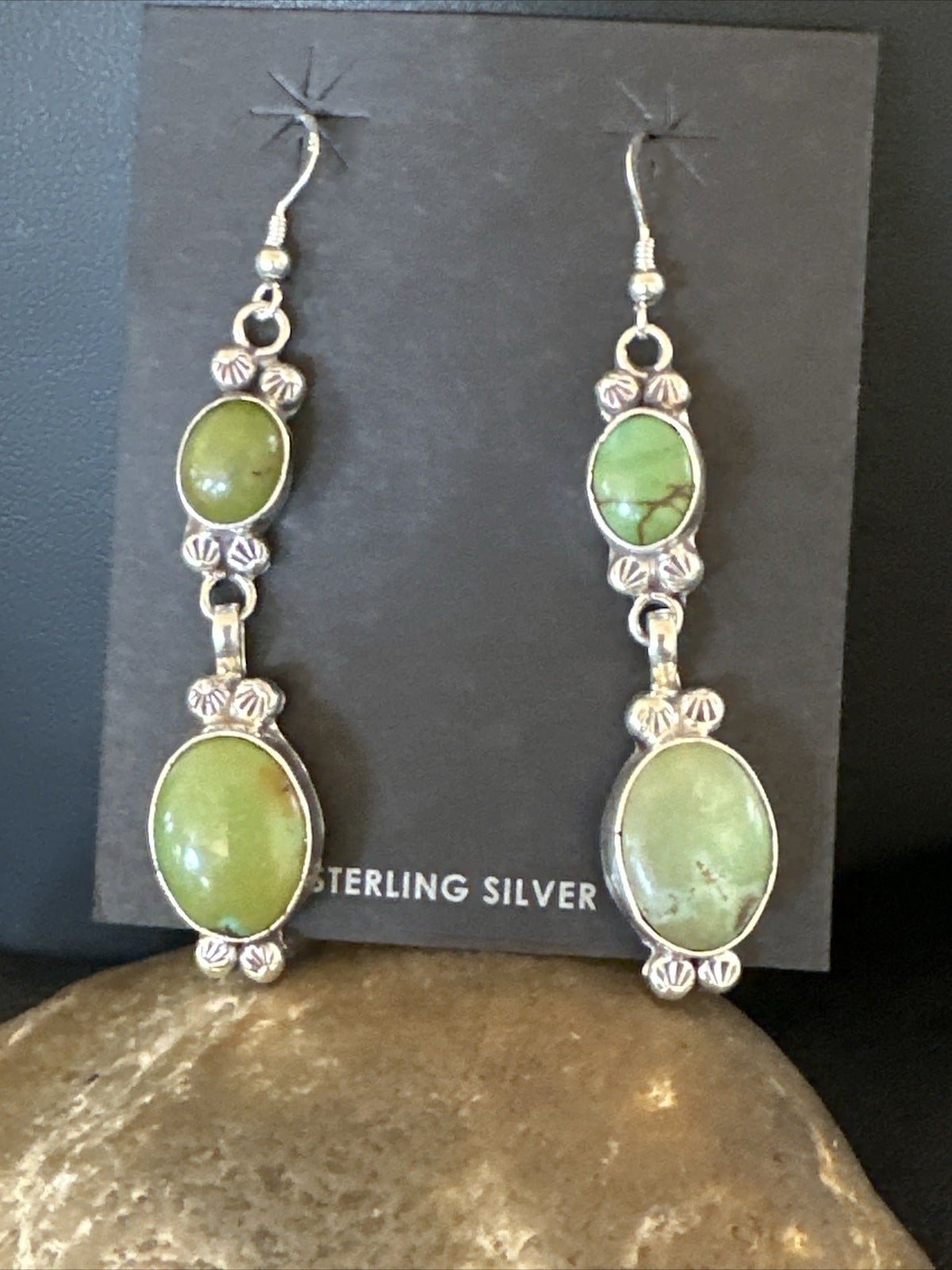 Native Navajo Green Turquoise Sterling Silver Dangle Earrings 2” 17698