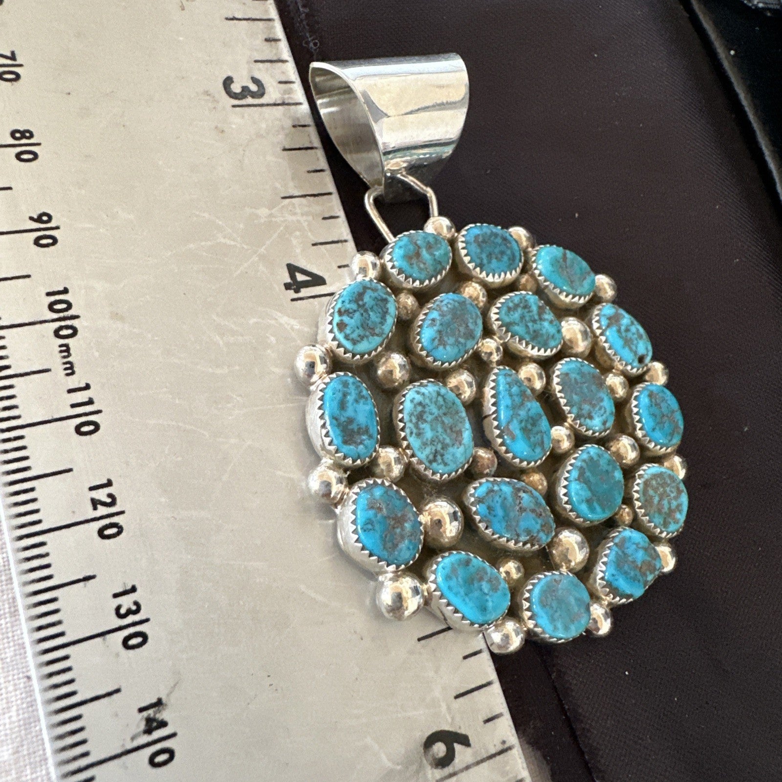Cluster Kingman Turquoise Navajo Sterling Silver Necklace Pendant 2.75” 19087