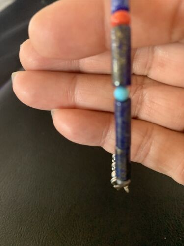Navajo Lapis Turquoise Coral Beaded Bracelet Sterling Silver 7" 13117