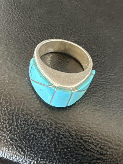 Blue Turquoise Native Navajo Sterling Silver Inlay Band Ring Size 7 18814