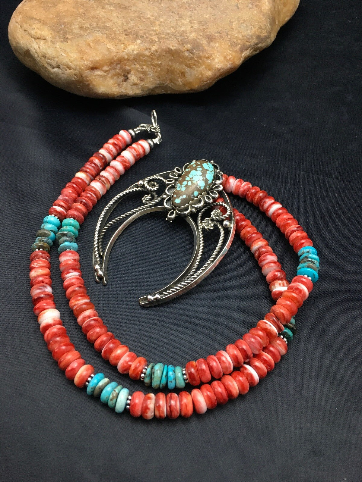 Turquoise #8 Pendant Spiny Oyster Navajo Sterling Silver Necklace 24" 04062