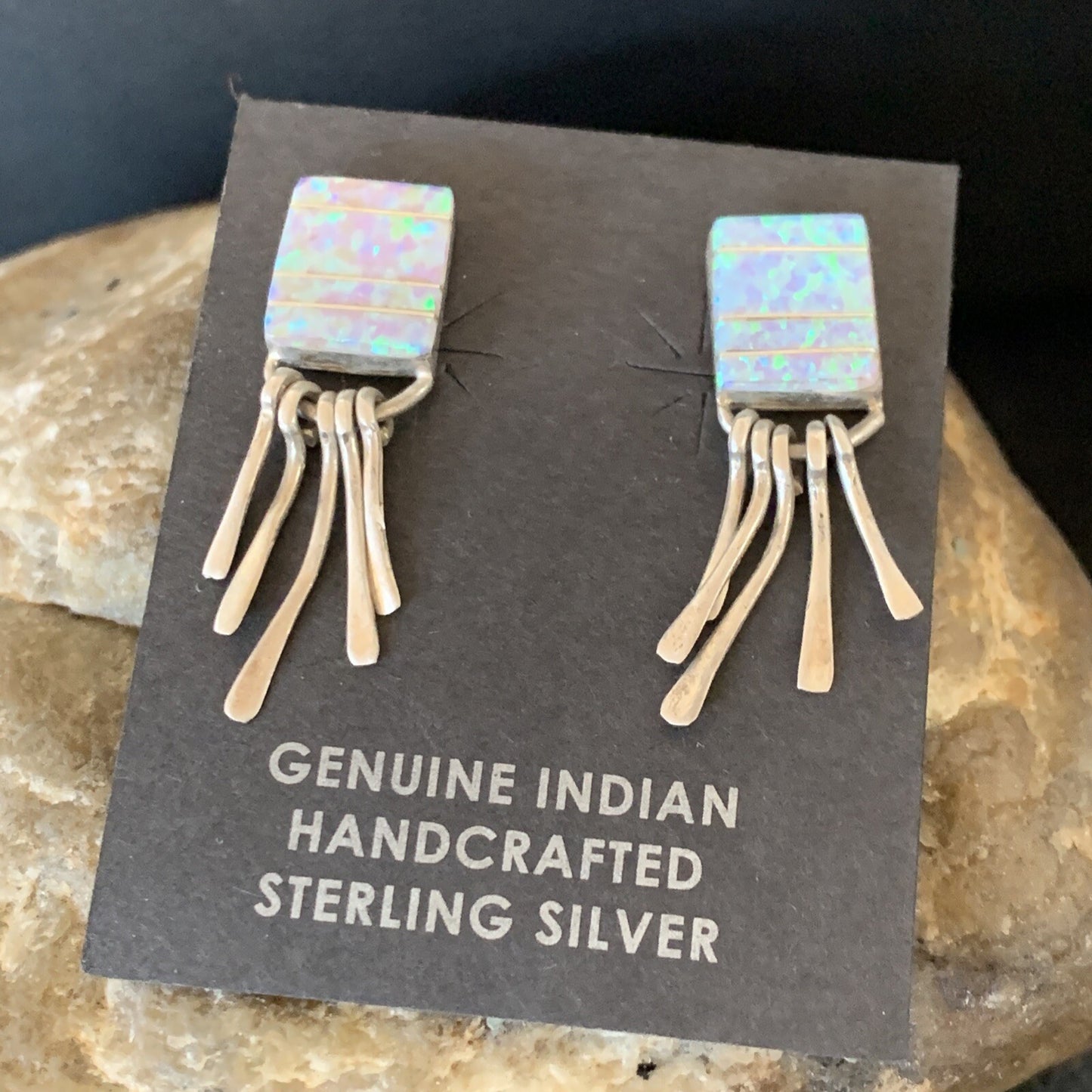 Blue Opal Inlay Navajo Sterling Silver Dangle Post Earrings 0.5" 12754