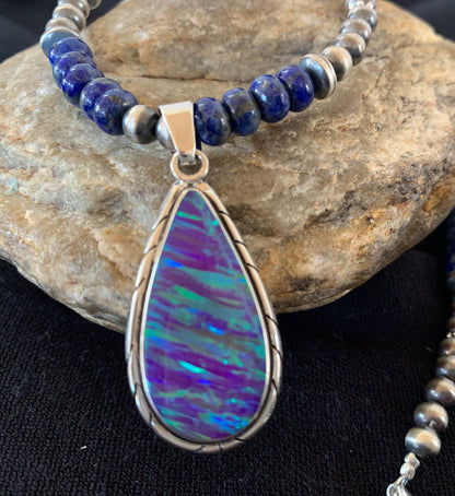 Native Navajo Sterling Silver Purple Opal Lapis Necklace Pendant 00591