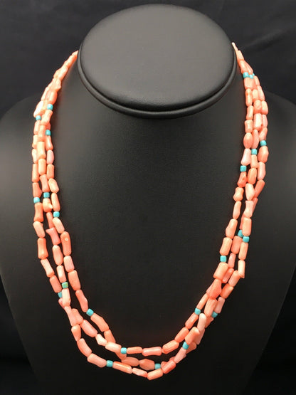 Turquoise & Pink Coral Southwestern Sterling Silver 3 Strand Necklace 04389